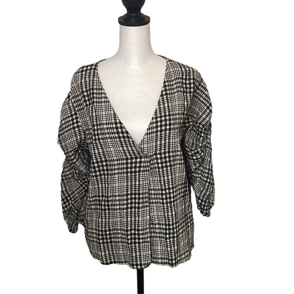 Zara Basic Womens Plaid Blouse Top Twist Knot Sleeve Black Cream Size Small